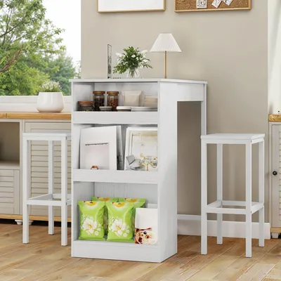 Produktbild von Bartisch-Set mit 2 Barhockern, 3-teiliger Esstisch mit 3 Ablagen, Metallrahmen an Hockern, Essgruppe 91 x 50 x 90 cm, Weiß