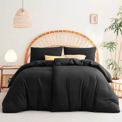 Produktbild von TRANKIELO® – Bettwäsche-Set, 135x200 cm, mit 2 Kopfkissenbezügen 40x80 cm – 100% Mikrofaser – Schwarze Bettwäsche