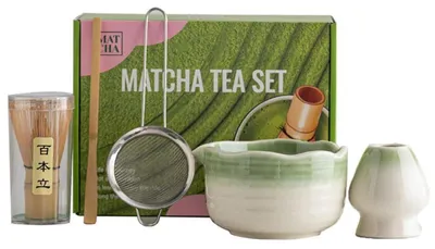 Obrázok produktu pre Sada na prípravu matcha čaju, 5-dielna, pozostávajúca z misky, bambusovej metličky, sitka, lyžičky a držiaka, určená na tradičné japonské čajové obedy
