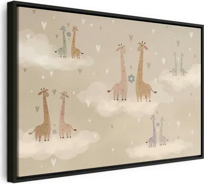 Produktbild von Italienischer Leinwand Leinwandbild - Love - Colorful Giraffes Floating on Clouds Among Hearts and Stars 90x60 cm Für Kinder e-A-10135-b-a