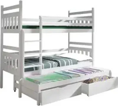 Produktbild von KEF Lena Etagenbett Kinder Etagenbett 3 Personen Holz Kinderbett mit Schubladen ohne Matratze 90x190 cm Weiß