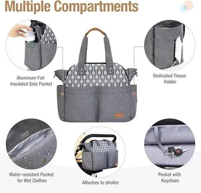 Produktbild von Famanu Wickeltasche große Kapazität mit Wickelauflage, Pfeilprint, grau