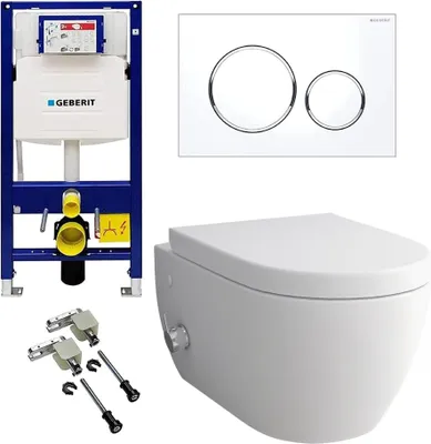 A collection of bathroom fixtures including a wall-hung toilet, a concealed cistern frame, a flush plate, and mounting hardware, arranged on a white background.
