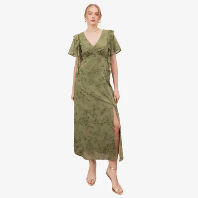 Produktbild von Lovedrobe Damen Maxikleid in Olivgrün mit Metallic-Effekt, elegantes Kleid mit ausgestellten Ärmeln und V-Ausschnitt, ideal für Hochzeiten