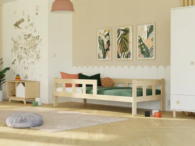 Produktbild von Holzeinzelbett FENCE 4-in-1 mit Barriere 140x200 cm Transparente matte Wachslasur, Mit einem Rausfallschutz rechts