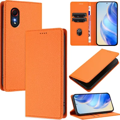 Image de Etui en cuir pour Samsung Galaxy XCover5, Litschi cuir, étui portefeuille avec fentes pour cartes et support Orange