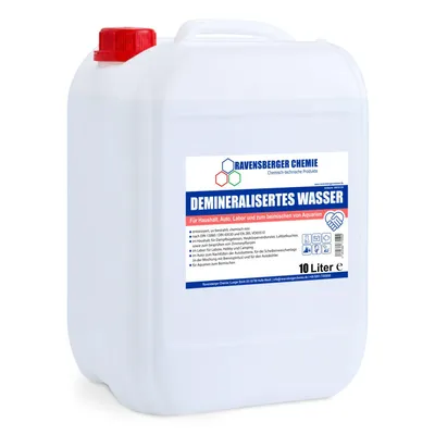Produktbild von Ravensberger Chemie Demineralisiertes Wasser – vollentsalzt & entionisiert, kalkfrei für Auto, Batterie, Haushalt, Dampfbügeleisen und Labor - 10 L