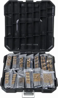 Obrázok produktu pre Sada špirálových vrtákov, rýchlorezná oceľ, 1,5 mm až 10 mm, s úložnou krabičkou na vrtáky na drevo, 99-dielna