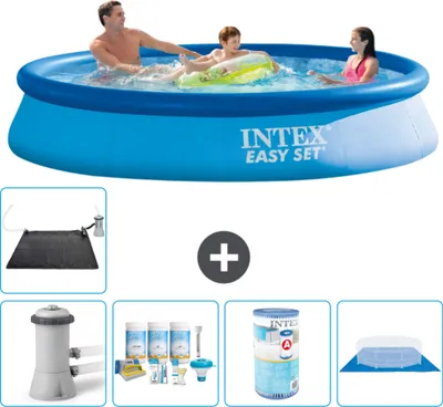 Produktbild von Intex runder aufblasbarer Easy Set-Schwimmpool – 366 x 76 cm – Blau – inklusive Pumpe Wartungspaket - Filter - Bodenplane - Solarmatte
