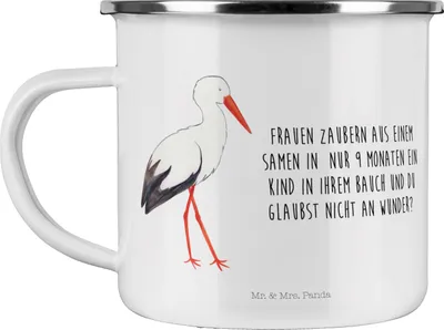 Produktbild von Mr. & Mrs. Panda Teetasse Storch - Weiß - Geschenk, Pott, Baby, Campingbecher, Emaille Tasse, Schwanger, Haferl, Störche, Mütter, Teebecher, Lustige Sprüche, Mutter