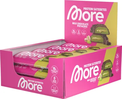 Produktbild von More Nutrition Protein Satisbites 12 x 2x25g - Milk Chocolate Pistachio