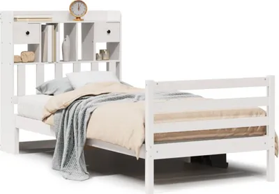 Productafbeelding van Massief houten bed met plank, zonder matras, wit, 90x200 cm, van grenenhout
