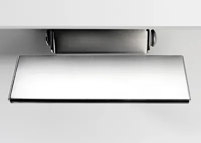 A close-up, studio shot of a stainless steel trash can flap, mounted on a white background.