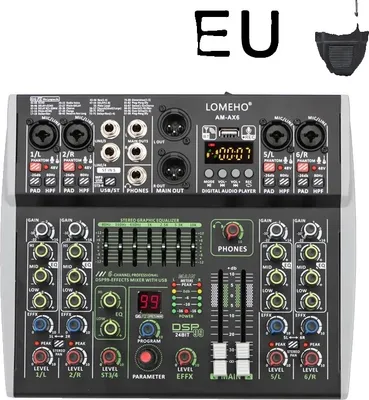 Productafbeelding van LOMEHO Mini-mixer met 6 kanalen, Bluetooth-functionaliteit, 99 DSP-effecten, model AM-AX6 (EU), DAXTROMN GGH-3,5KW