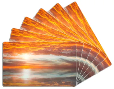 Produktbild von Wallario Frühstücksbrettchen 6er Set aus Glas, je 14 x 23 cm, mit rutschfesten Füßen, Motiv Abendrot in Reflexion über dem See