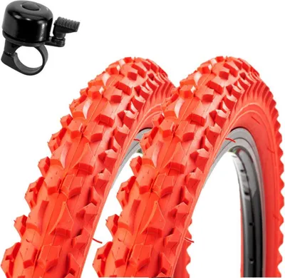 Obrázek produktu pro 2 x Roverstone 26" pneumatika pro jízdní kola, červená 57-559 (26x2,125) včetně zvonku na kolo
