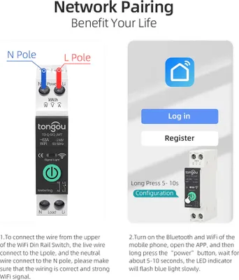 Image de TONGOU Tuya WiFi Intelligent Circuit Breaker with Metering 1P 63A DIN Rail Support 3 Timing Modes Multiple Safety Protecting APP Remote Control Compatible with Alexa Assistant for Household Appliances (Disjoncteur intelligent WiFi avec compteur 1P 63A Rail DIN Support 3 Timing Modes Multiple Safety Protecting APP Remote Control Compatible with Alexa Assistant pour les appareils ménagers)