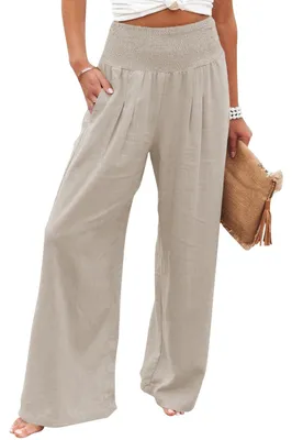Produktbild von Imuedaen Leinenhose Damen Sommer Hose Casual Leinen Leicht Hosen Weites Bein Palazzo Freizeithose Hohe Taille Einfarbig Sommerhose Stoffhose mit Taschen (Khaki, M)