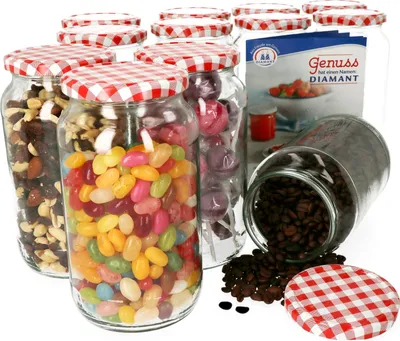 A collection of glass jars filled with various items, including nuts, jelly beans, and coffee beans, with red and white checkered lids.