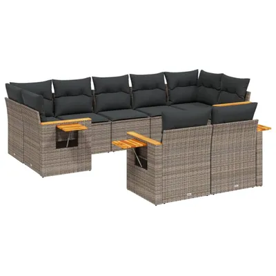 Produktbild von Modulares Garten-Sofa-Set 9-teilig, Poly Rattan Grau, mit abnehmbaren Kissen, UV-beständig, verstellbare Füße