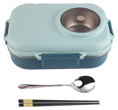 Productafbeelding van Geïsoleerde lunchbox met 3 compartimenten, gemaakt van roestvrij staal, inclusief lepel, eetstokjes en soepkom, geschikt voor kantoor, school, kamperen, volwassenen en kinderen, 1 liter (blauw)