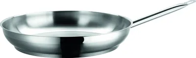 A stainless steel frying pan is shown against a white background.
