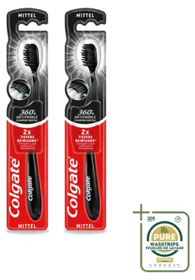 Imagen del producto de 2 cepillos de dientes Colgate 360 Black Charcoal, tamaño medio, color , pack de 2 unidades
