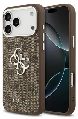 Productafbeelding van Guess 4G Big 4G Classic Logo telefoonhoesje voor iPhone 17 Pro, bruin - zilver