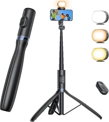 Produktbild von Universeller Telefonaufklapbarer mit Licht - 172cm Langer Fotostativ - Für Smartphone und Kamera - Kompatibel mit Smartphone Kamera - Ideal für Videoaufnahmen