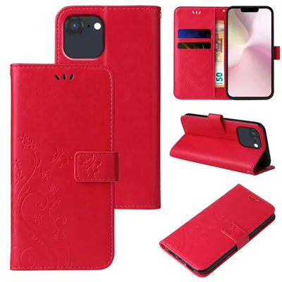 Produktbild von Handyhülle für Apple iPhone 17e Floral Blumen Schmetterling Flip Cover Hülle Case Klapphülle Handytasche Farbe: Rot