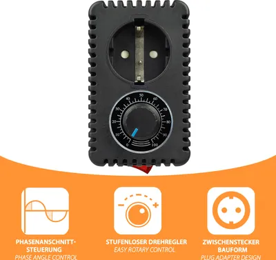 A dimmer device with a dial and a socket, shown against a white background with three feature icons below.