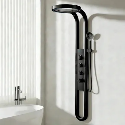 Produktbild von Duschpaneel - Duschsystem - Wandmontiert - LED-Digitalanzeige - Wasserfall - Doppelgriff Warm/Kalt - Aluminiumlegierung - Messingkartusche - Schwarz