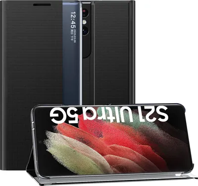 Image de Samsung Galaxy S21 Ultra 5G Case, étui mince en cuir avec fenêtre et support pour Samsung Galaxy S21 Ultra 5G noir