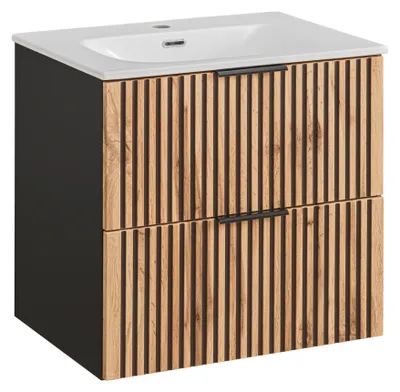 Obrázok produktu pre Zavěšená skříňka s umyvadlem a sifónom TILO – Černý korpus – Frézované čela v barvě Wotan – 2 zásuvky – 60 x 60 x 46 cm