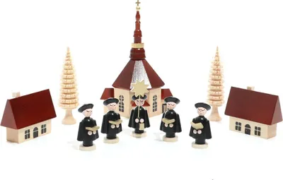 Produktbild von Weihnachtsfiguren Seiffener Kirche mit Kurrende und Baum natur Höhe ca 13cm NEU