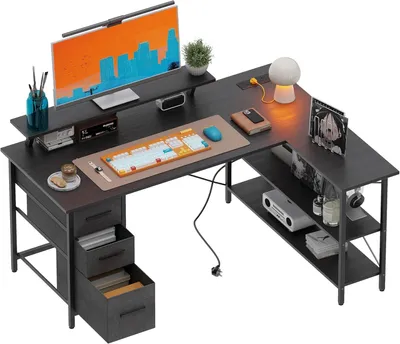 L-förmiger Schreibtisch mit 3 Stoffschubladen, 140x80 cm, schwarz