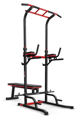 Produktbild von Hop-Sport Power Tower mit Klimmzugstange, Hantelbank und Dip-Station, Fitnessgerät für Zuhause, Calisthenics und Krafttraining, Freistehend, 150 kg maximale Belastbarkeit