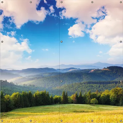 Produktbild von Wallario Outdoor-Poster für Garten oder Balkon, Motiv Berglandschaft im Gebirge unter blauem Himmel, in ca. 180 x 180 cm