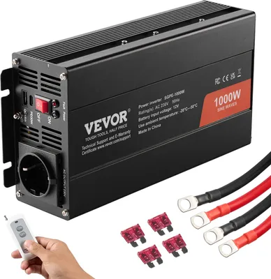 Imagen del producto de Convertidor de voltaje de 1000W, de corriente continua (DC) 12V a corriente alterna (AC) 230V, con salida de onda sinusoidal pura, que incluye 2 enchufes AC, 2 puertos USB y 1 puerto tipo C. Viene con un mando a distancia y es ideal para pequeños electrodomésticos como teléfonos móviles y ordenadores portátiles