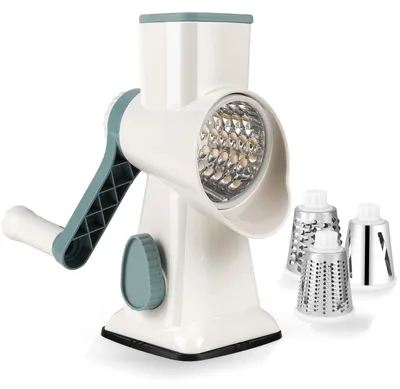 Produktbild von Käsereibe mit Kurbel, Gemüseschneider 3 Edelstahl Austauschbaren Trommelklingen, Manuelle Trommelreibe, Gemüsehobel, Starke Saugwirkung, Ideal für Gurken, Käse Nüsse, Karotten, Weiss