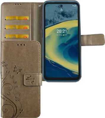Produktbild von Nokia XR20 Tasche Handy Hülle Schutz-Cover Flip-Case mit Kartenfach, Farbe:Blumen Grau