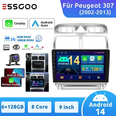 Obrázok produktu pre Autorádio pre Peugeot 307 (2002-2013) s operačným systémom Android 14, 9-palcovým dotykovým displejom, GPS navigáciou, Wi-Fi, Bluetooth, 4G, 6 GB RAM a 128 GB úložiskom. Podporuje Apple CarPlay a Android Auto