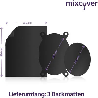 Three black baking mats of different shapes and sizes are displayed, with dimensions indicated by arrows and text.