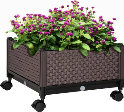 Image de Bac à fleurs avec roulettes - Bac à plantes en plastique PP - 50 x 50 x 33 cm - Pour fleurs et plantes vertes - Marron