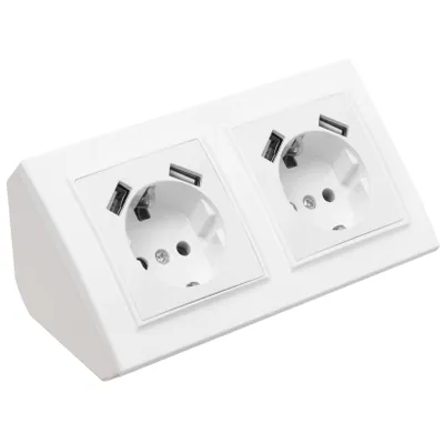 Produktbild von Ecksteckdose 2-fach Steckdose mit USB Steckdosenblock 45° Verteilerdose weiß.