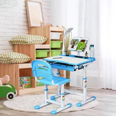 Produktbild von Kinderschreibtisch Neigungsverstellbar Schülerschreibtisch mit Lampe und Stuhl Farbewahl-Blau