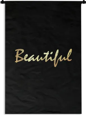 Produktbild von MuchoWow® Wandteppich Wandbehang Zitat - Schönheit - Schwarz - Gold 90x135 cm Tapisserie Dekoration Wandtuch - Baumwolle - Wandskulptur