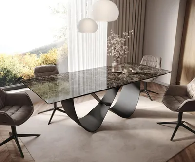 Produktbild von DELIFE Esstisch Edge 180-220x100 Keramik Emperador Extra Lucidato Dunkelbraun Infinity Metall Schwarz ausziehbar