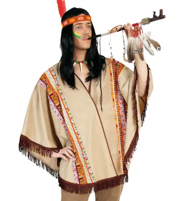 Produktbild von Erwachsenenkostüm Western Poncho in beige mit gemusterter Borte und braunen Fransen Überwurf in Einheitsgröße