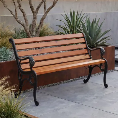 Image de Banc de jardin HWC-O25, banc public, banc en bois 2 places, fonte, bois de pin, 132 cm ~ teck